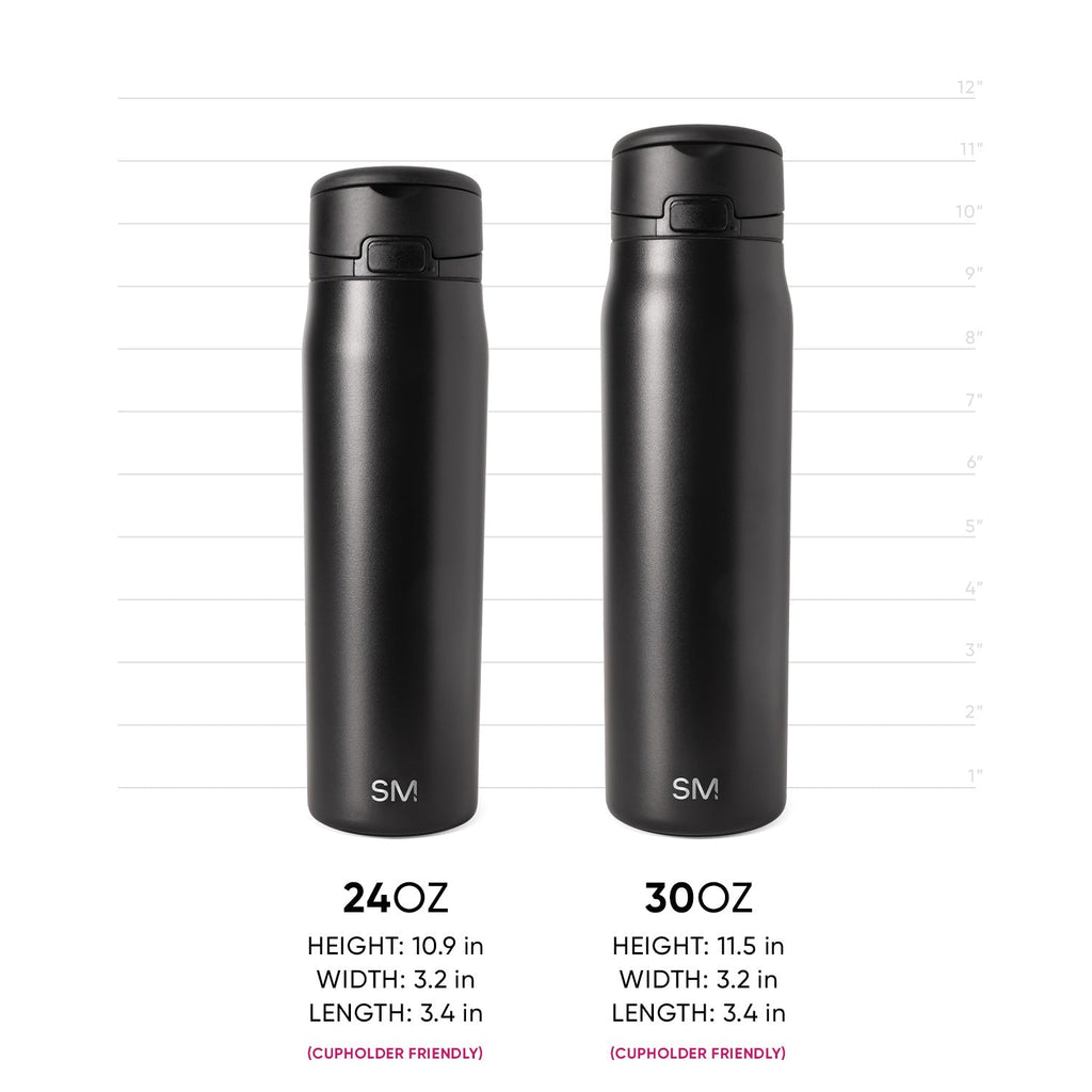 Two matte black cylindrical drinkware vessels with subtle metallic sheen and light reflections on surfaces, shown for product measurement reference.