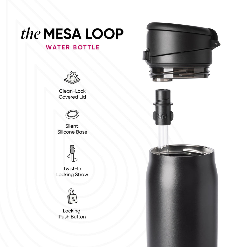 Matte black water bottle with components displayed against white background, showing clean minimal design with black, white, and gray tones.